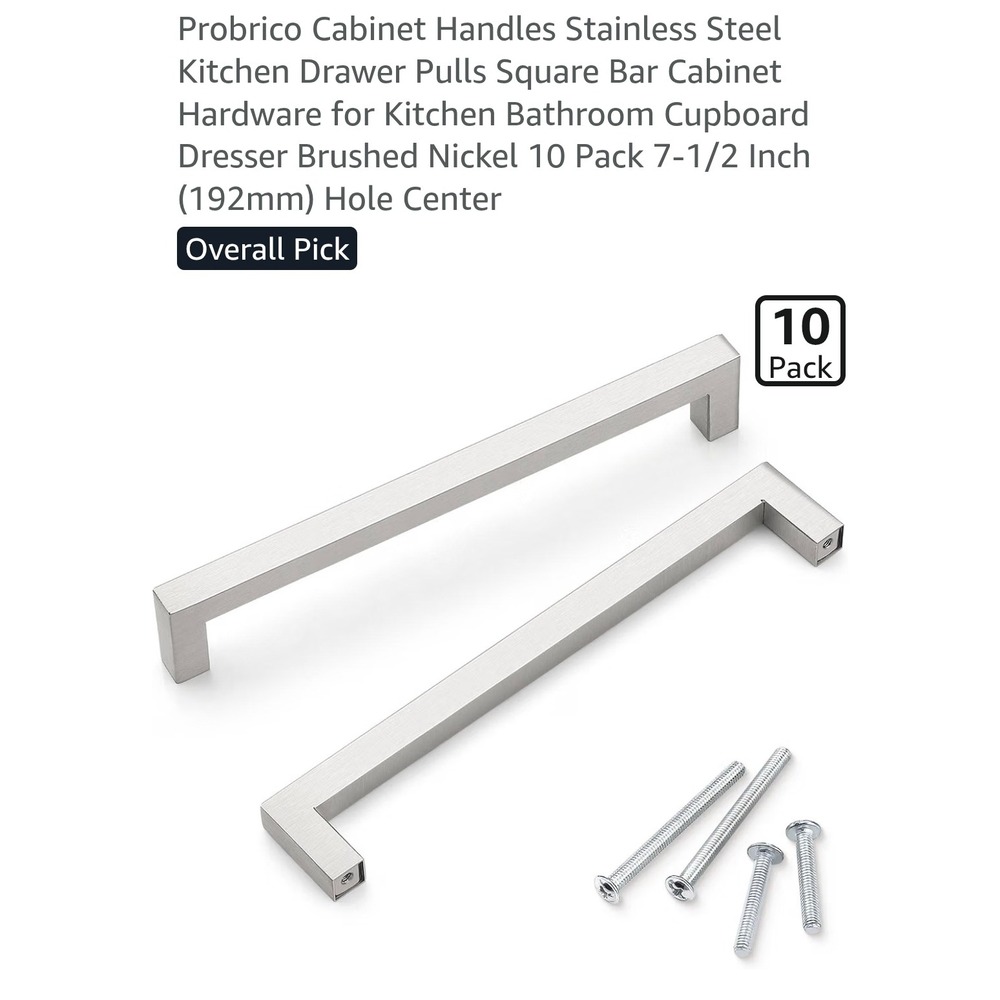 Probrico 10 Pack Brushed‎ Nickel Cabinet Handles 7-1/2in Hole Center Square Bar